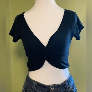 PacSun Black Ribbed Twist-Front V-Neck Crop Top
